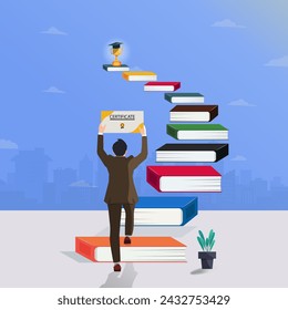 Man going up book stairs with holding certificate. Graduated and successful concept vector illustration  