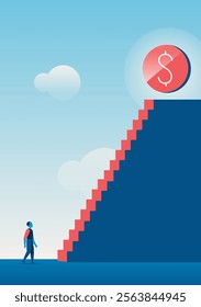 A man is going to climb a red staircase on a blue mountain with a red circle with a dollar sign