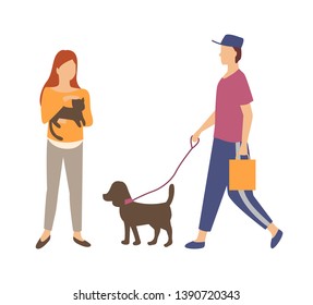 Man going with dog, woman holding cat, people and domestic animal character outdoor, pet with lead, male and female walking in casual clothes vector