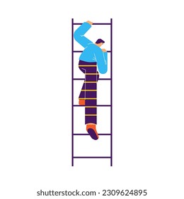 Man going down fire escape flat style, vector illustration isolated on white background. Evacuation in case of fire, safety, decorative design element, character leaves building