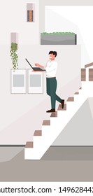 man going down stairs guy freelancer on staircase holding laptop modern apartment interior flat full length vertical