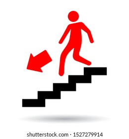man going down stairs, red arrow, vector illustration 