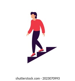 man going down stairs, steps down direction, isolated human figure on white background, flat vector illustration