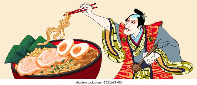 Man is going to eat ramen in ukiyo-e style