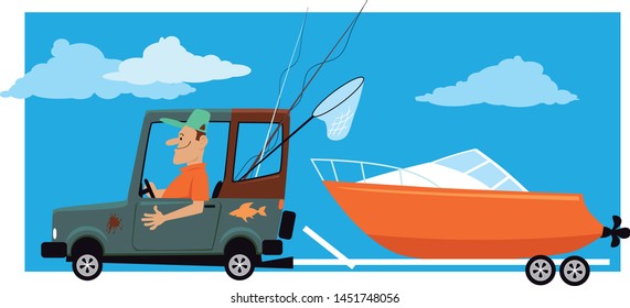 Man going fishing, towing a motor boat on a trailer behind a car, EPS 8 vector illustration