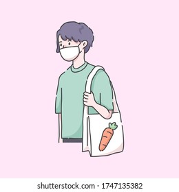 man going to grocery wearing mask virus illustration