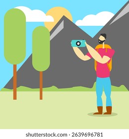 A man going hiking, flat illustration style
