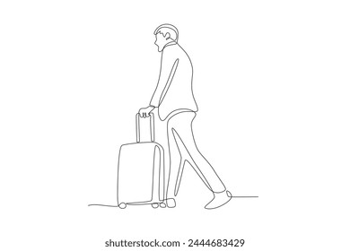 man going on a business trip standing with suitcase facing sideways.Business travel one-line drawing