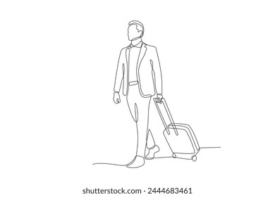 Hombre que va en un viaje de negocios llevando una maleta.Viaje de negocios dibujo de una línea