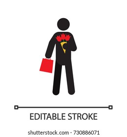 Man going on date silhouette icon. Person with gift and bunch of flowers. Isolated vector illustration. Editable stroke
