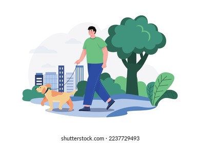 Man Going On A Morning Walk With His Dog