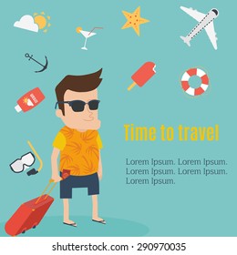 Man going on summer vacation with suitcase and icons around him