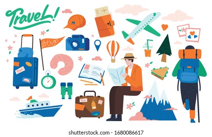 Man going on a trip. The back of a man tying a backpack. Travel items. flat design style minimal vector illustration.