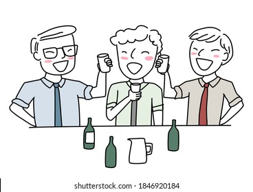 Hombre saliendo a hacer alcohol con sus amigos. Tres felices hombres de negocios juntos. Hombres alegres tostando vasos de alcohol. Animados tres hombres bebiendo cerveza juntos después del trabajo. Vector dibujado a mano.