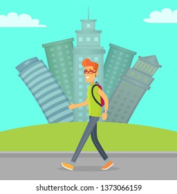 Man going outdoor by road near skyscraper with cloudy sky. Side and full length view of smiling man walking near buildings, boy in casual clothes vector
