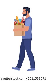 Hombre yendo con una bolsa de papel de comestibles. Un tipo comprando comida, verduras, pan. Compras de comestibles. Ilustración vectorial