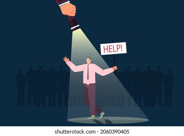 Man going with placard under flashlight. Person in light standing near dark crowd and asking help flat vector illustration. Leadership concept for banner, website design or landing web page