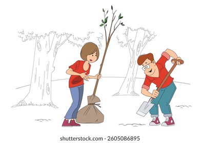 Man going to plant tree. Funny people. Illustration concept template for website, web landing page, banner, presentation, social, poster, promotion or print media.