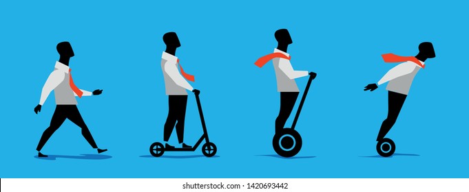 Man going, riding scooter and electric scooter. Movement to target.
