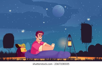 Man going to sleep on camping site under starry sky flat vector illustration