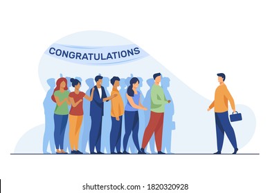 Man going to surprise party. Crowd of people, congratulation banner flat vector illustration. Festive event, celebration, social distance concept for banner, website design or landing web page