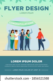 Man going to surprise party. Crowd of people, congratulation banner flat vector illustration. Festive event, celebration, social distance concept for banner, website design or landing web page