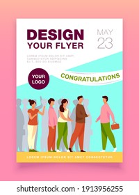 Hombre va a sorprender la fiesta. Multitud de personas, pancarta de felicitación ilustración vectorial plana. Evento festivo, celebración, concepto de distancia social para banner, diseño de sitio web o página web de aterrizaje