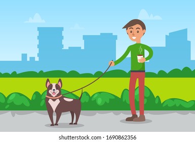 Man going through city park with his pet and drinking hot coffee. Dog happy to have walk with owner on nature. Person and puppy vector illustration