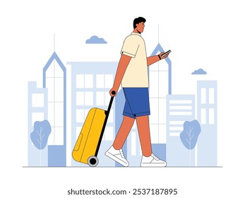 Man going to travel to enjoy leisure time, modern urban life vector illustration.