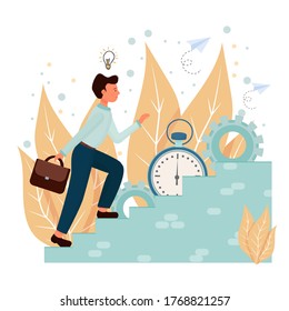 Man going upstairs, personal productivity, time management concept. Composition in flat style stock vector illustration. Development and growth metaphor.