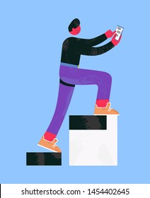 Man going upstairs and typing massage in smartphone chart. Vector hand drawn cartoon character making big steps isolated on blue. Male doodle with phone