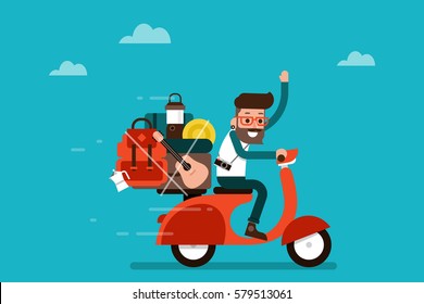 Man going vacation on a scooter, flat design illustration.