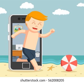 man going vacation trough smartphone