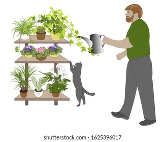 Man is going to water houseplants. His cat is helping him.