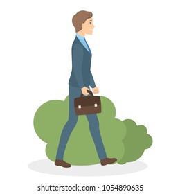 Man going to work with coffee cup on white.