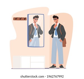 Man Going to Work. Handsome Male Character Wearing Formal Wear, Sunglasses and Belt Bag Stand front of Mirror in Corridor before Leaving Home. Daily Routine Concept. Cartoon Vector Illustration svg