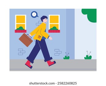 A man is going to work at the office, rushing because he is late. Character design. Vector flat illustration