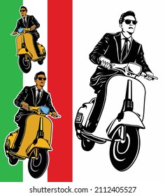 Man going to work on classic Italian scooter isolated on Italian flag background. illustration in hand drawn ink style.