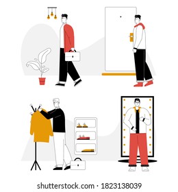 Man going to work in suit with briefcase, hangs his coat on outerwear rack, changes into comfortable outfit at home. Vector linear character illustration of daily life, getting dressed and undressed