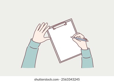 Man is going to write something on his paper. Hand drawn style vector design illustrations.	