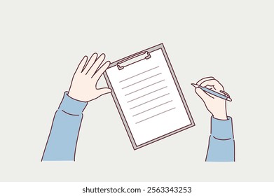 Man is going to write something on his paper. Hand drawn style vector design illustrations.	