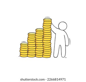 Man with gold coins stacks. Business financial increase, growth of salary or investment concept. Vector hand drawn illustration of leader