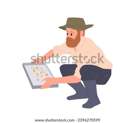 Man gold digger cartoon character washing golden stones and dust in river water isolated on white