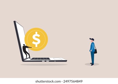 Man with gold dollar out of laptop. concept of online payment, Money transfer, online banking, Send and receive financial transaction technology