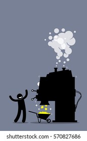 Man with a gold making machine. The person generates money and wealth by having gold automatically dropping out from the mining machine. 