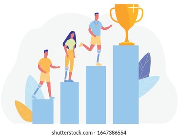 Man Gold Medal, Woman Leg Prosthesis on Winner Podium Vector Illustration. People with Amputee Foot, Prosthesis. Handicap Disabled Recovery Adaptation. Paralympic Game Competition, Sport Training