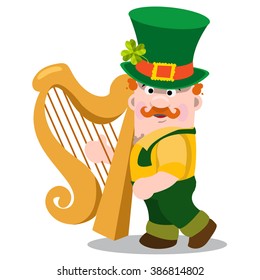 The man with the golden harp in a green suit. The festive character in cartoon style. Congratulations to the St. Patrick's Day.