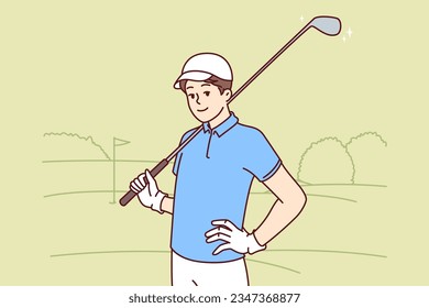 Man with golf club on shoulder smiles standing in golfers park after successfully completing all holes. Young successful guy is fond of playing golf, inviting rivals to play sports.