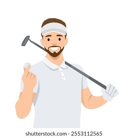 Man with golf club on shoulder smiles standing in golfers park. Flat vector illustration isolated on white background