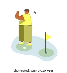 man with golf, flag stick, tee, golf club. golf sport vector illustration concept. professional golf player swing. can be used for media content, tournament, poster, symbol and icon. isolated on white